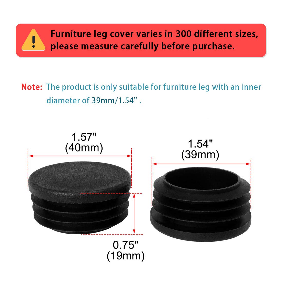 sourcingmap 40mm 1.57" OD Plastic Tube Insert Pipe End Cover Cap, 1.46"-1.54" Inner Dia, for Furniture Metal Table Feet - Image 2