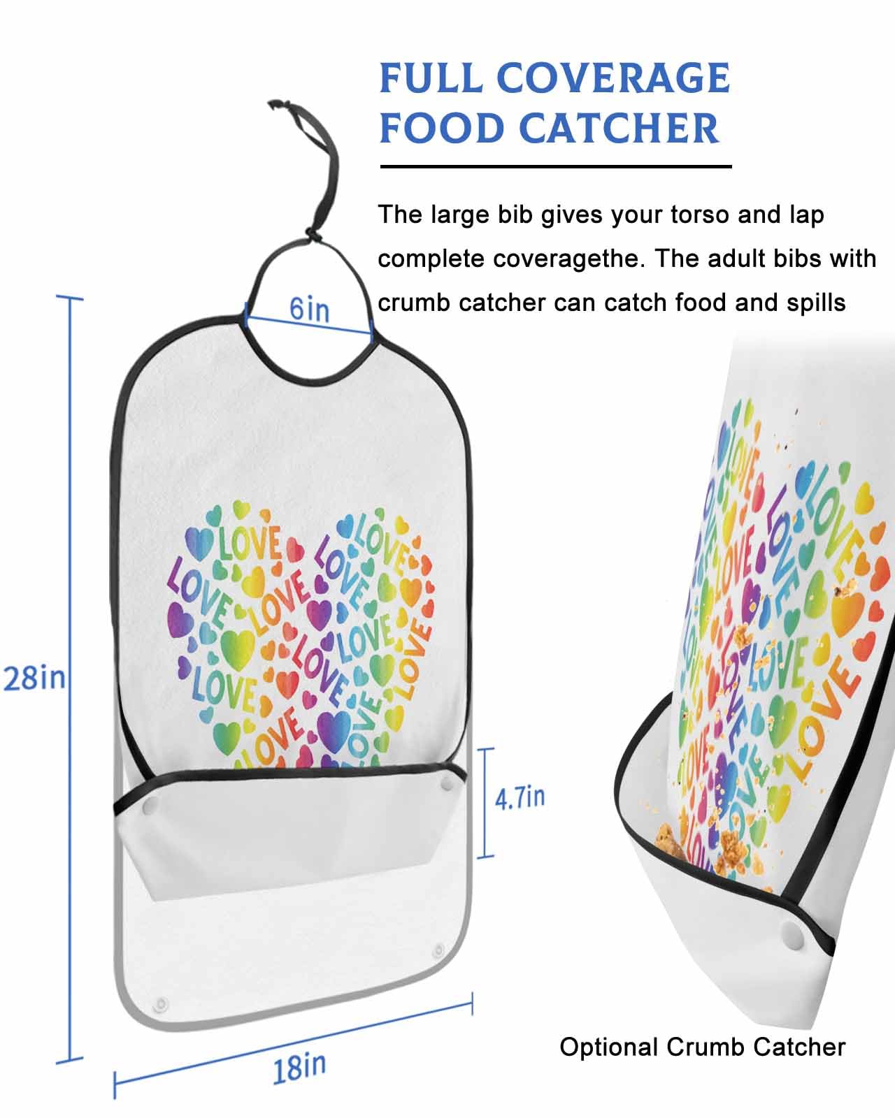 Abstract Rainbow Adult Bib for Adults Men, Women, Colorful Love Heart Modern White Washable & Adjustable Terry Cloth Bib with Crumb Catcher Reusable Waterproof Clothing Clothes Protector Apron