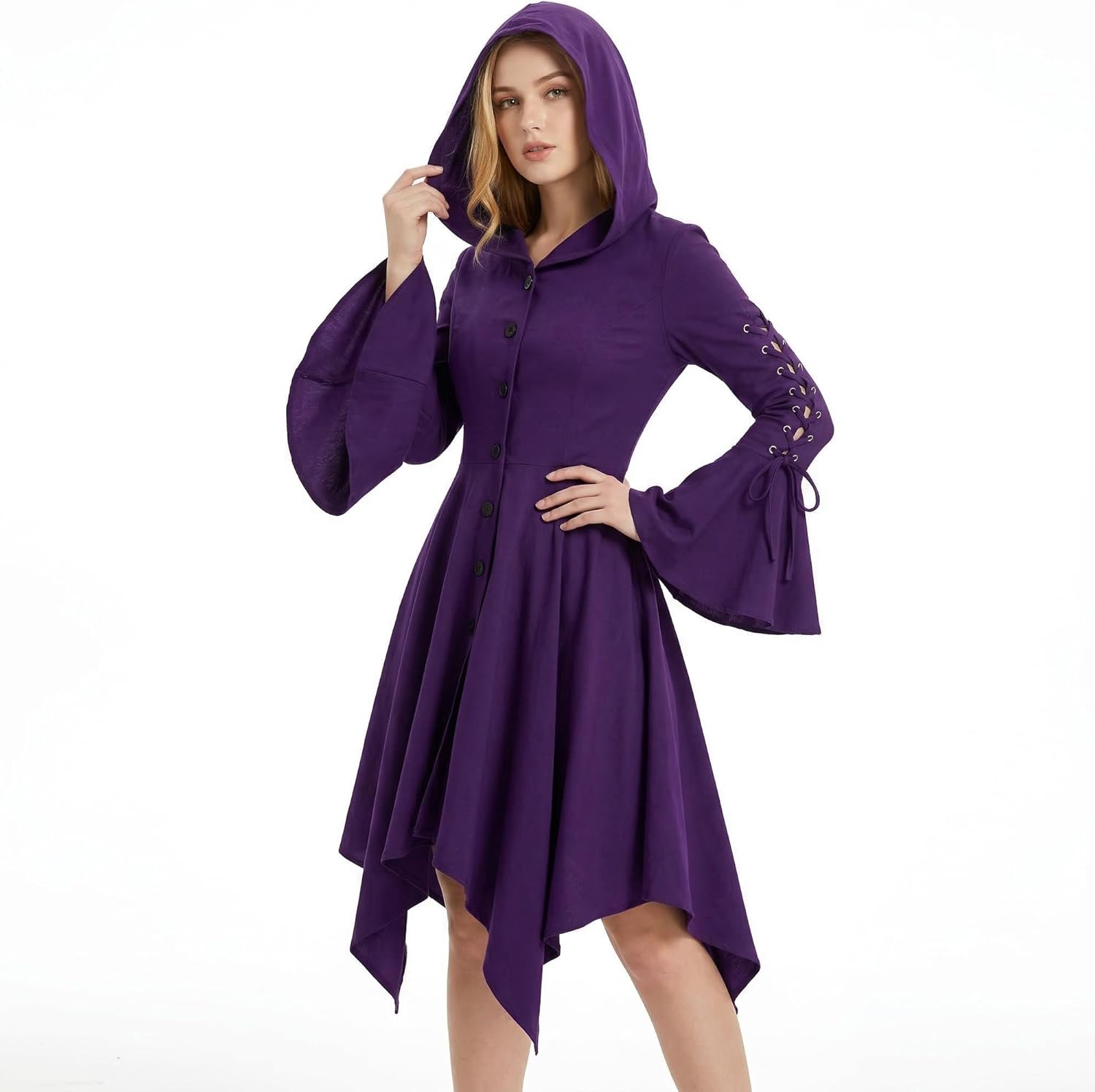 FEOYA Gothic Dress Sexy Warm Halloween Costumes for Women Steampunk Gothic Costume Hooded Medieval Renaissance Dress