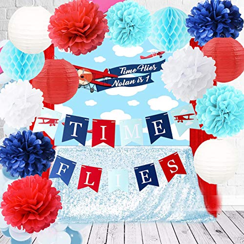 Qian's Party Time Flies First Birthday/Time Fies First Banner/Boys 1st Birthday Airplane Party Decorations Time Flies Airplane Baby Shower Decor