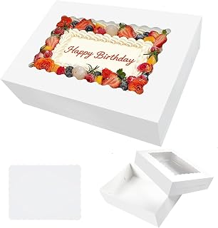 2 Pack White 1/4 Sheet Cake Boxes with Cake Board, 14x10x4 Inch Food-Grade Quarter Sheet Bakery Boxes with Window for Cupcakes, Cookies, Donuts, Pies, Strawberry Chocolates & Party Treats