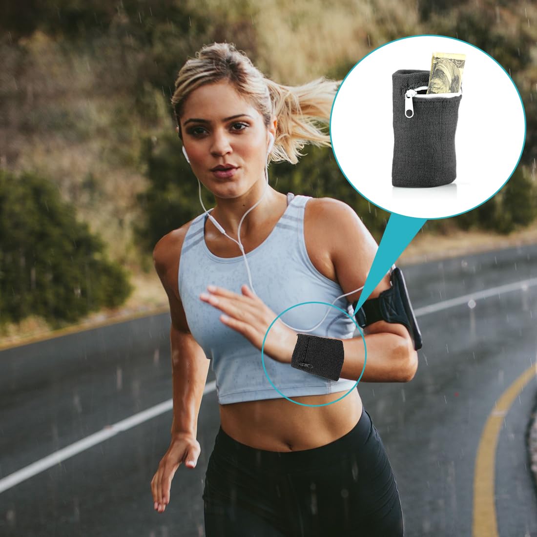 Fasce Antisudore Con Zip - Portafoglio Da Polso Sportivo, Tasca Per Chiavi E Soldi, Unisex Per Fitness E Corsa - Foto 6