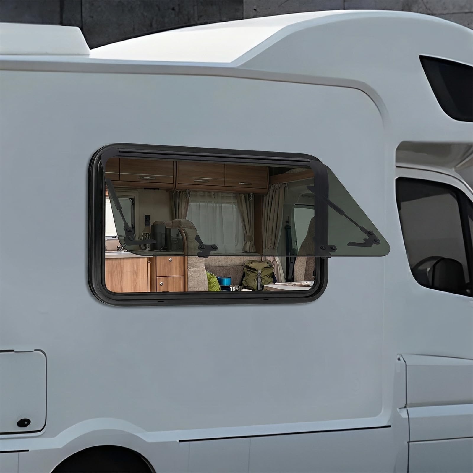 Finestra Camping Car 800 x 500 mm, Finestra basculante per Caravan con zanzariera e tenda incorporata, vetro temperato tinto, apertura 85°, baia laterale per Van Fourgon paesaggistico