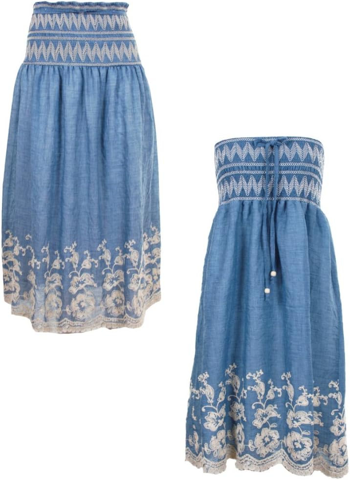 Denim 2 in 1 Skirt/Dress with Shirring Waistline (M/L, Floral Denim)