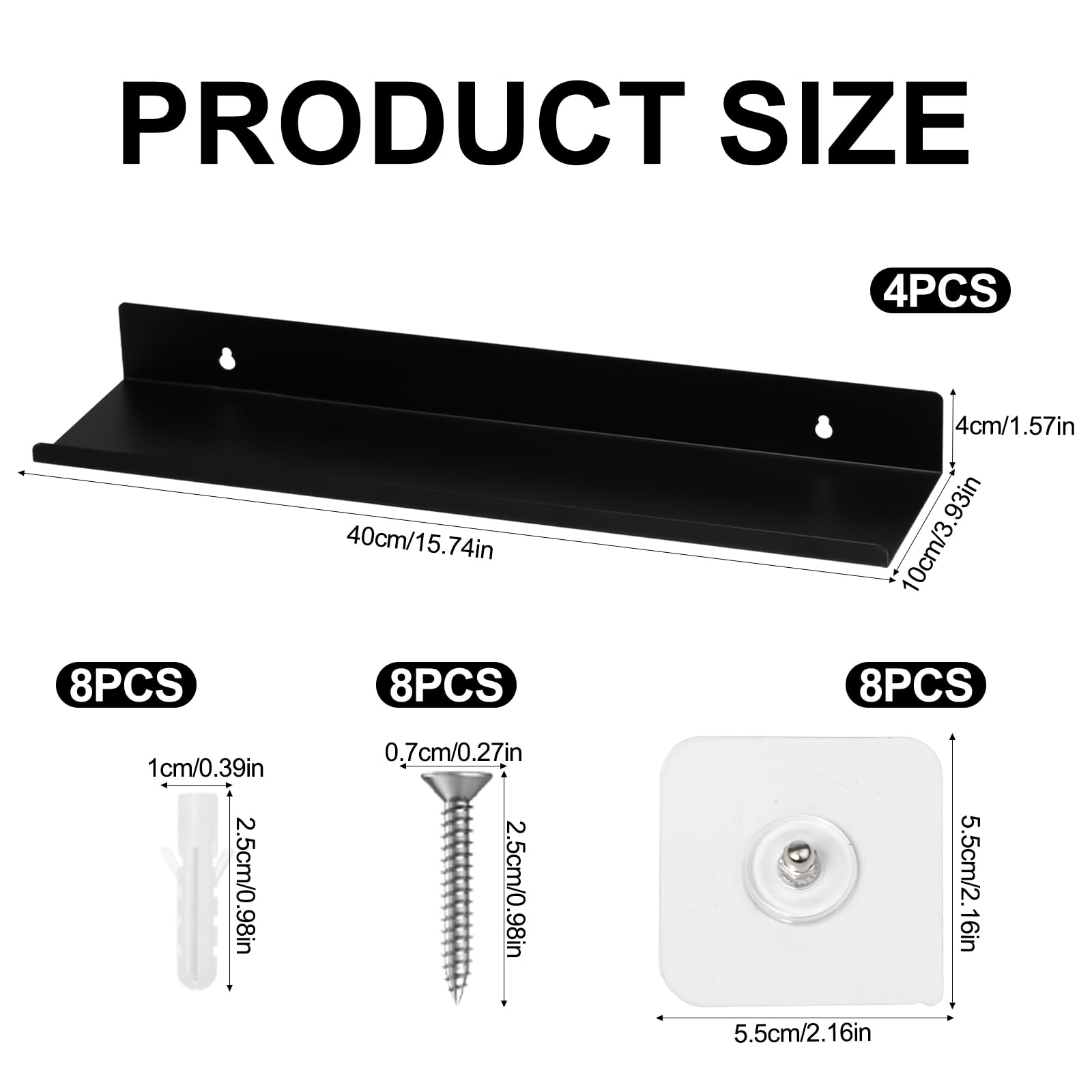 4 Piezas Estanteria Pared Negro 40 cm Estantes Flotantes Metal con Tornillos y Ganchos Baldas Flotantes Pared Metalicas Repisas para Dormitorio Sala de Estar Cocina Baño Oficina(40 x 10 x 4 cm)