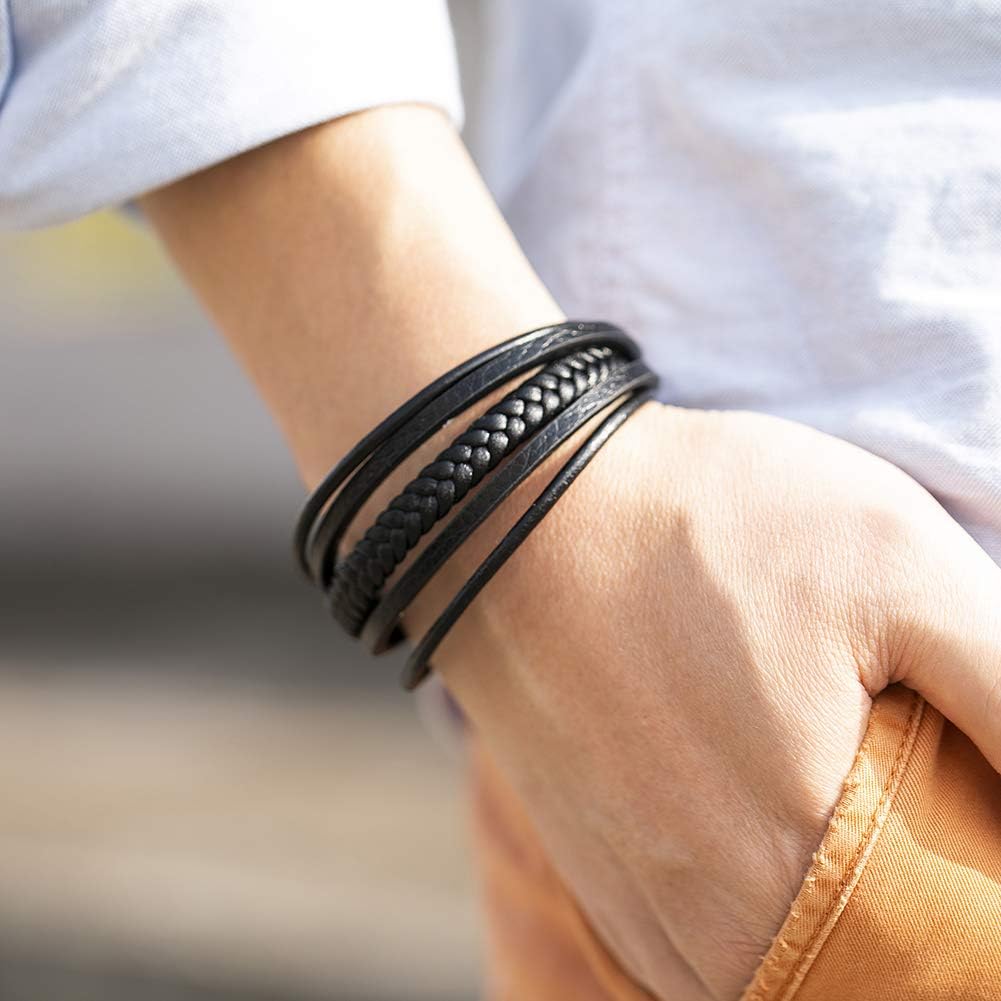 murtoo Mens Leather Bracelet with Clasp Cowhide Multi-Layer Braided Leather Mens Bracelet - Image 4