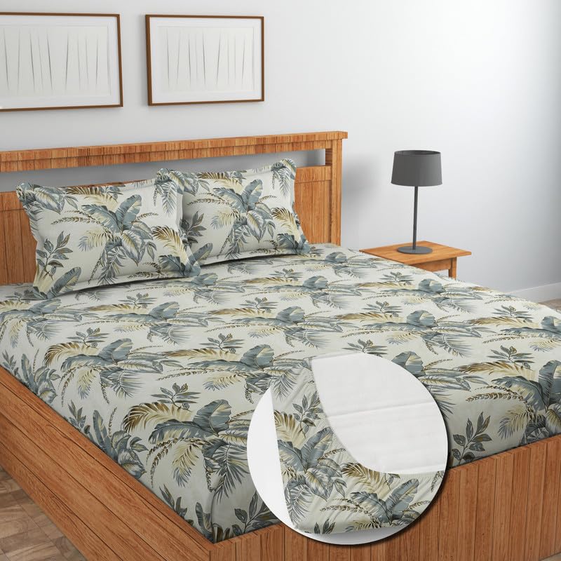 Image of NEW LEAF Cotton Fitted King Size Bedsheets with 2 Pillow Covers | Elastic Fitted | Wrinklefree | Ultrasoft |Winter Bedsheet 220 tc tc Floral | 710x72+10 Inches, Off White