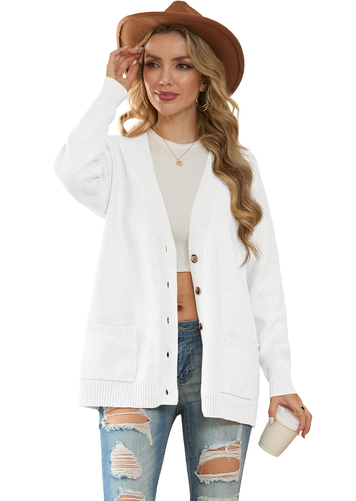 GRECERELLE Cardigan da donna lavorato a maglia, maglione invernale a maniche lunghe, con bottoni, scollo a V, capispalla oversize con tasca
