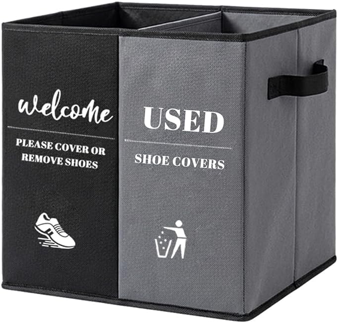 Shoe Cover Box with Door Hanging Sign – Foldable Double Compartment Storage Bin, Freestanding Dispenser Organizer for Home, Office, Entryway (Dark Gray)