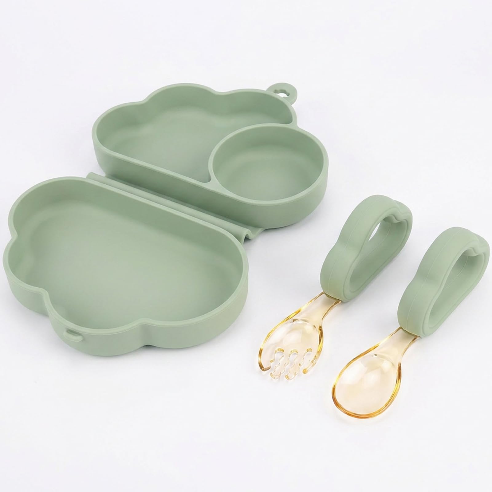 Bebamour Toddler Cutlery Set with Suction Plate, BPA Free Silicone Baby Feeding Set, Easy Grip Fork & Spoon for Self Feeding, Dishwasher Safe Weaning Tableware for Toddlers 2-4 Years (Sage Green)
