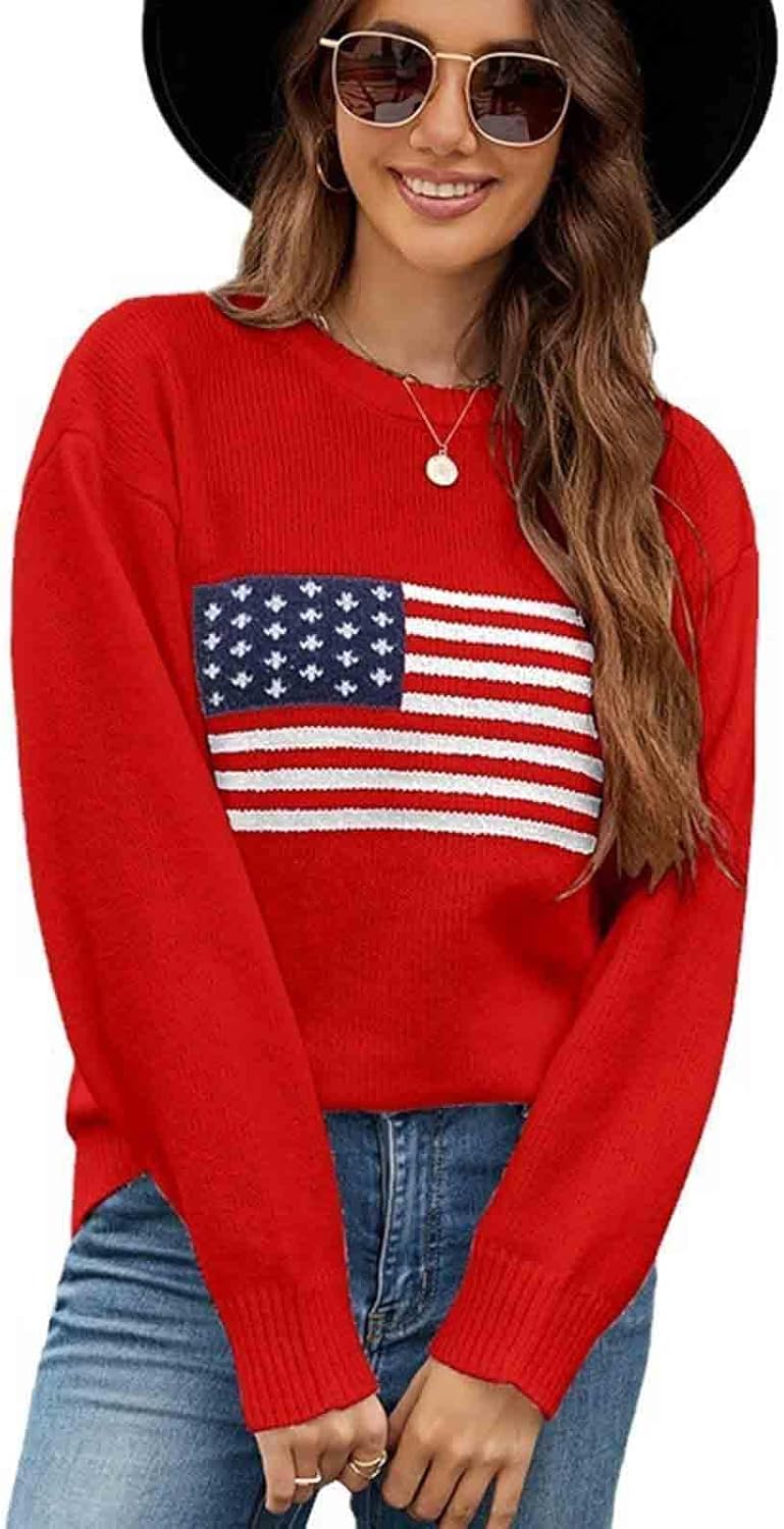 Women's American Flag Sweater Top Long Sleeved Round Neck Casual Knit Loose Pullover top