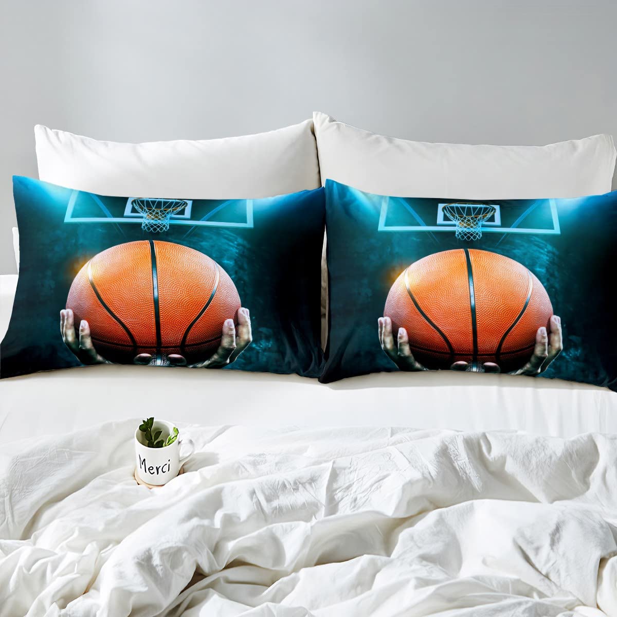 Set di biancheria da letto con tema campo da basket per ragazzi, pallacanestro, copripiumino 220 x 240, decorazione sportiva, tema copripiumino 3D partita di palla, biancheria da letto per bambini e