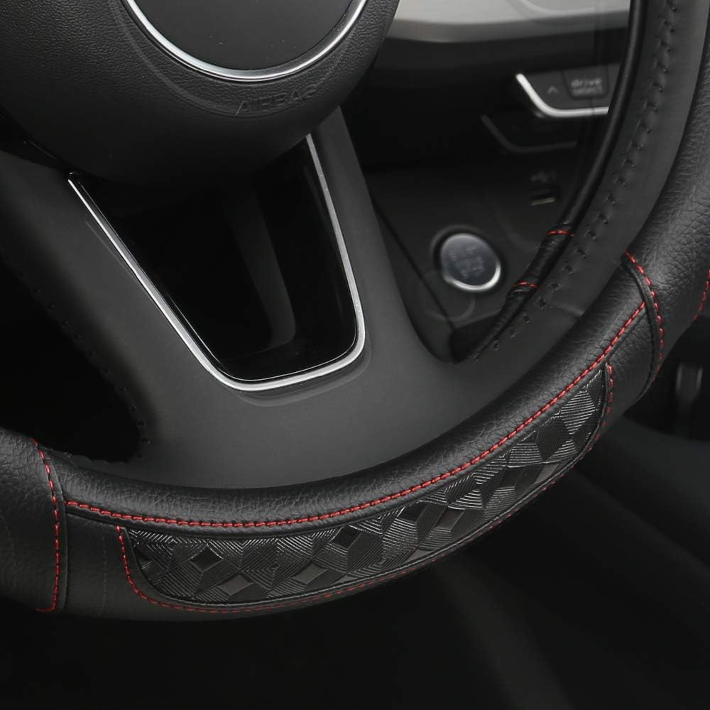 Microfiber Leather Car Steering Wheel Cover with Grip Contours, Universal 15 Inch Breathable Anti-Slip Auto Steering Wheel Protector (Black-RED)