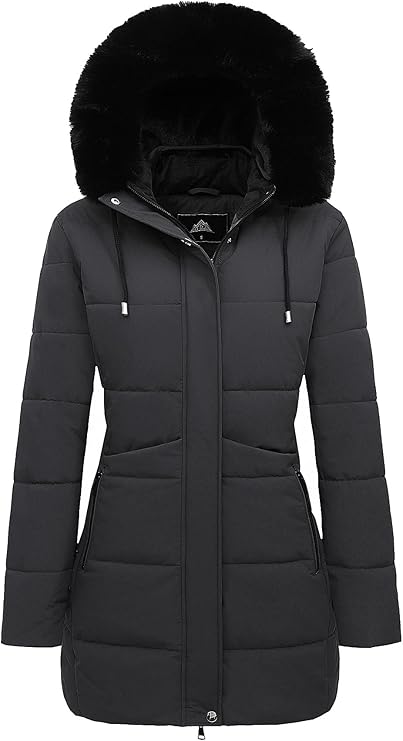 4How Womens Parka Jacket Faux Fur Trim Long Parkas