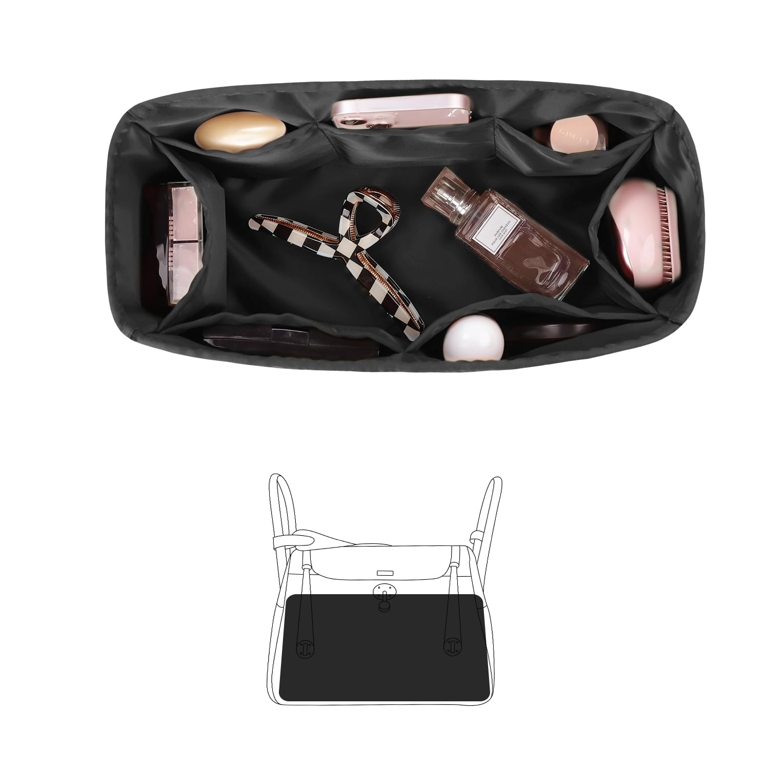 Mini Lindy Bag Insert, Organizer Compatible with Hermes Lindy Bag, Luxury Bags Storage with Satin, Lightweight and Soft Touch (Black, Lindy19)