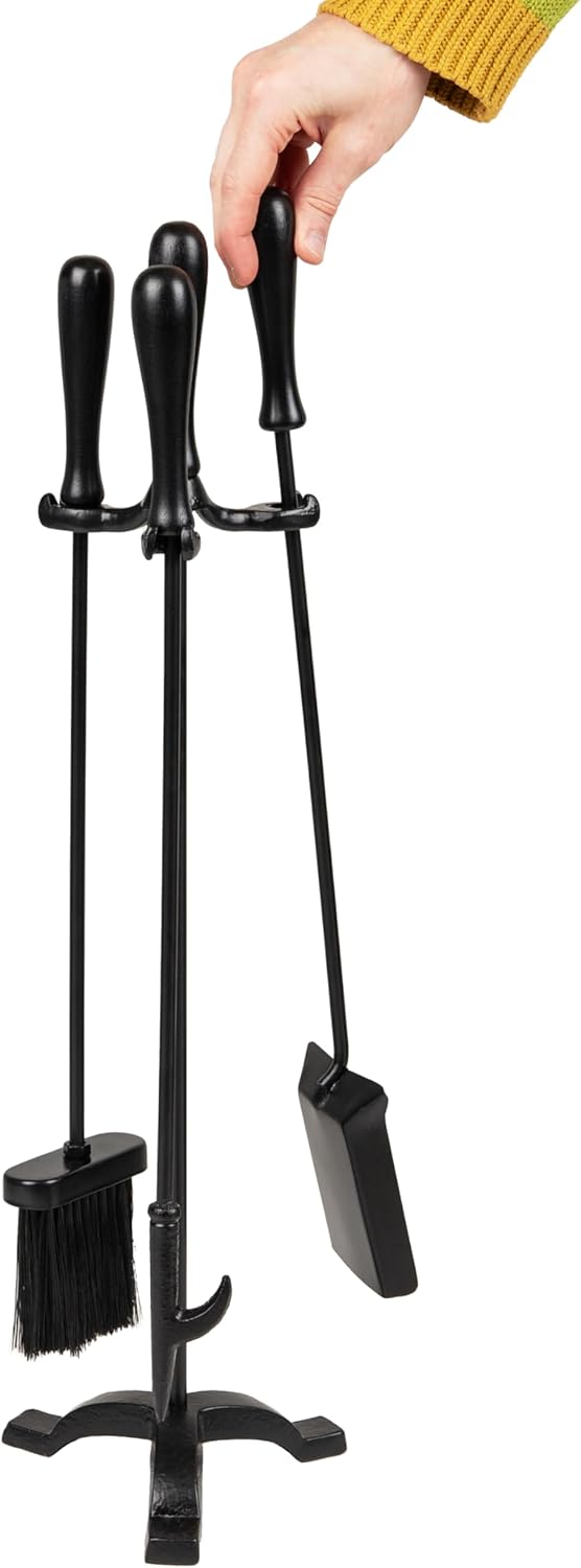 Black Wrought Iron and Steel Fireplace Tool Set with Stand
