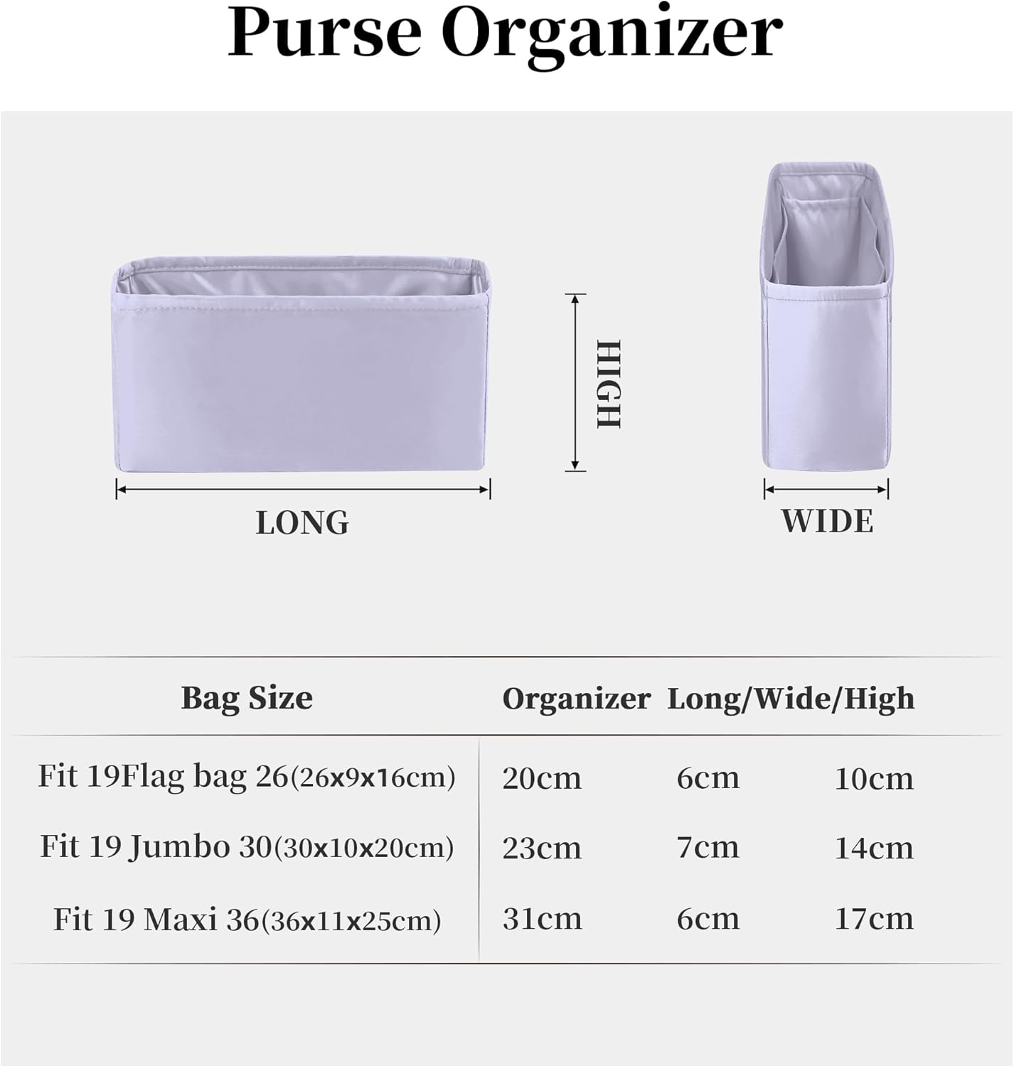 19 Bag Organizer Insert, Purse Organizer with Silky Satin Compatible with Chanel 19 Flap26 Bag, Lightweight Inner Bag for Luxury Bags (Lavender, Flap26)