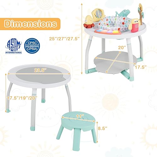 Miniatura 8 de HONEY JOY Centro de actividades para bebés, puente infantil 5 en 1 y mesa de juego de pie con asiento giratorio de 360, 6 juguetes, 3 alturas