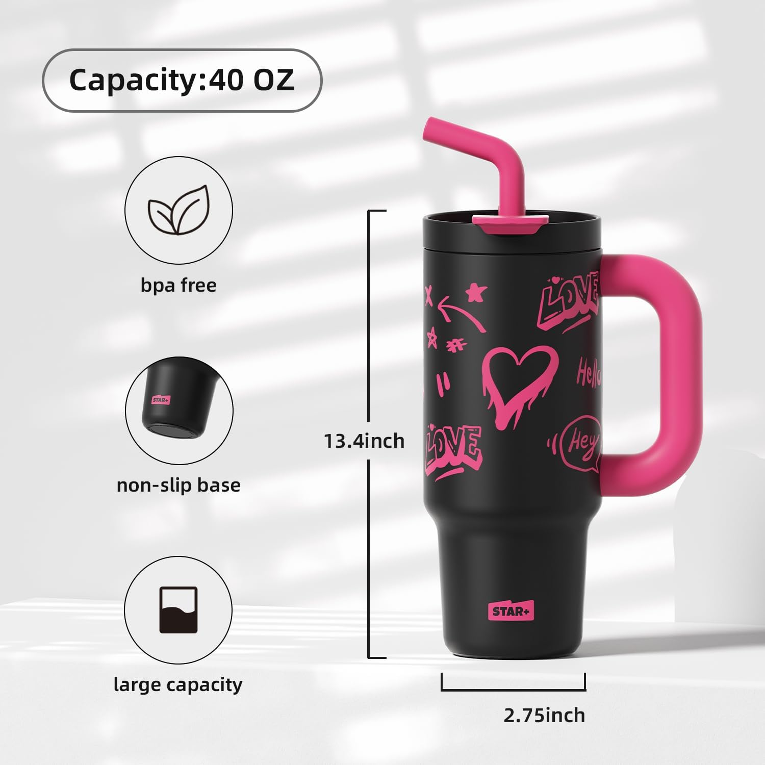 40 oz Insulated Tumbler with Lid and Straw, Stainless Steel Travel Coffee Mug Spill Proof, Metal Water Bottle with Straw, Resuable Iced Cup for Women, Black - Image 6