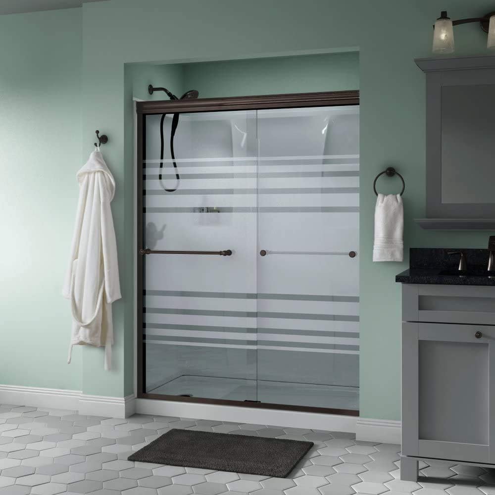 Delta Shower Doors SD3172329 Windemere 60" x 70" Semi-Frameless Traditional Sliding Shower Door in Bronze with Transition Glass