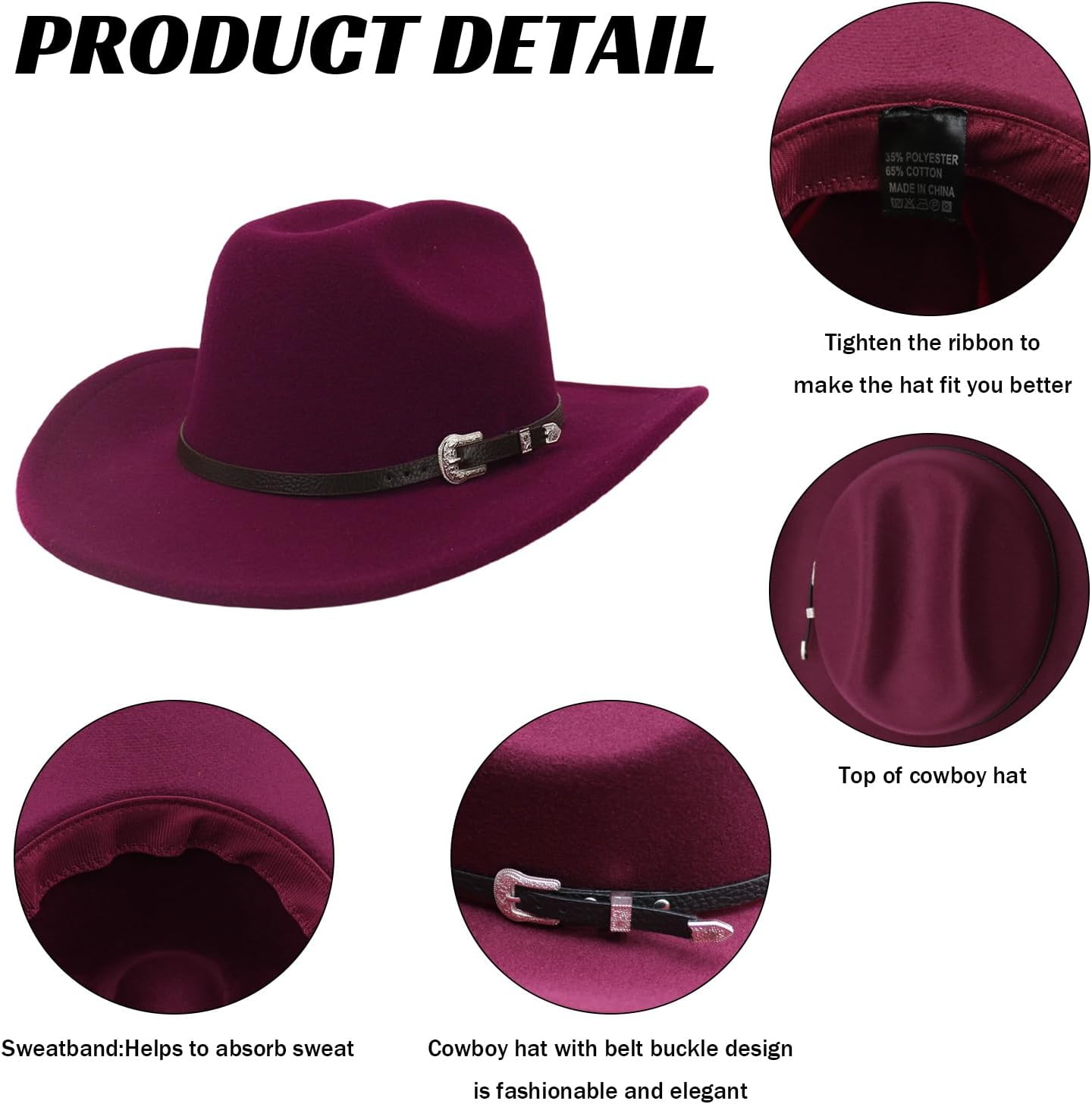 Western Cowboy Hat for Men Women Felt Wide Brim Classic Outdoor Fedora Hats, Cowboy Cowgirl Hats with Belt Buckle - Image 3