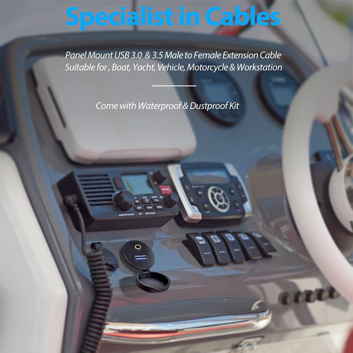 USB Flush Mount - 1M 3ft 3.5mm & USB 3.0 AUX Extension, Dash & Panel Mount Cable for Car, Boat, Motorcycle (Pack of 2)