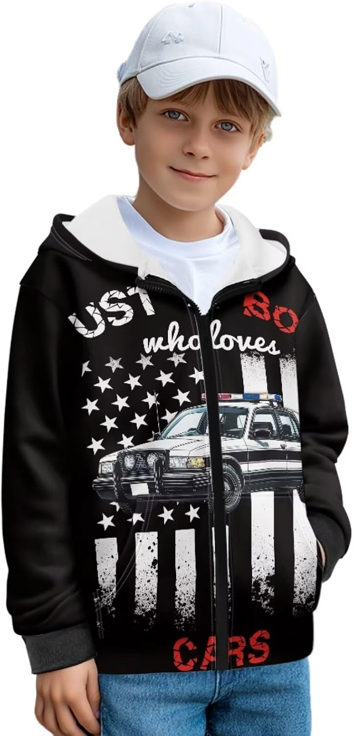Boys Car Print Hooded Sweatshirt Zip-Up Fleece Hoodie Long Sleeve Hoodies Sweatshirts with Pocket