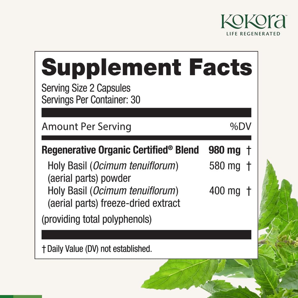 kokora Regenerative Holy Basil - Regenerative Organic Certified – Relaxation, Calm Mind, Stress Relief* -Vegan, Non-GMO – 60 Capsules - 30 Servings