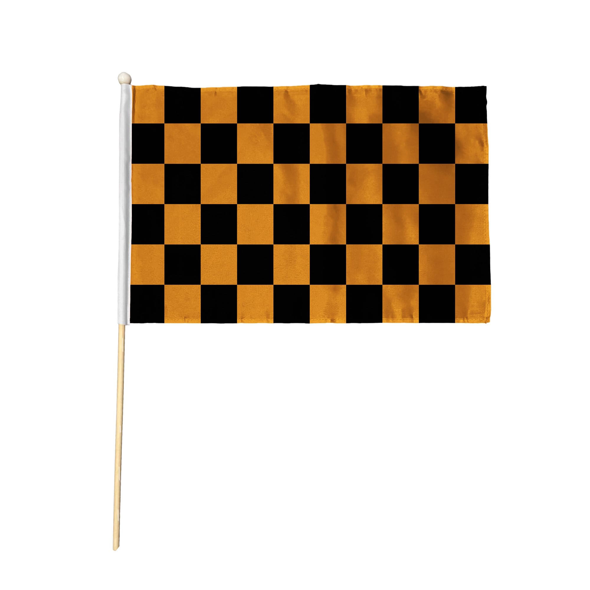 Flagtex Black and Orange Checkered Hand Waving Flag (18x12 Inch) - Premium Wooden Stick Hand Flag with Natural Wood Pole for Football Sports Events Supporters Celebrations