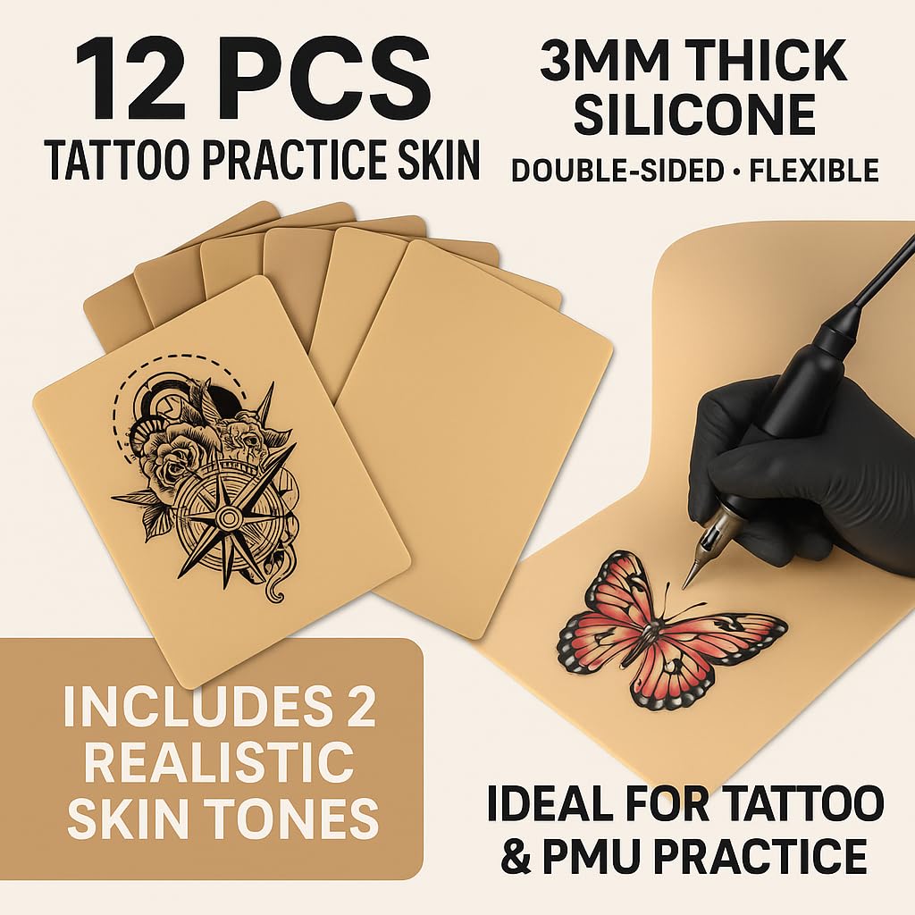 3mm Tattoo Practice Fake Skin - 12 pack, 2 Skin Tones, Double-Sided, Individually Wrapped, 5.5 x 7.3 inch - Ideal for Tattoo Apprentice, Beginners and Artists