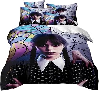 Wednesday Bed Linen 135 x 200 cm, Wednesday Microfibre Cartoon Children's Bed Linen Set for Teenagers Adults Adams Duvet Cover Set Pillowcase (3.135 x 200 + 80 x 80 cm)