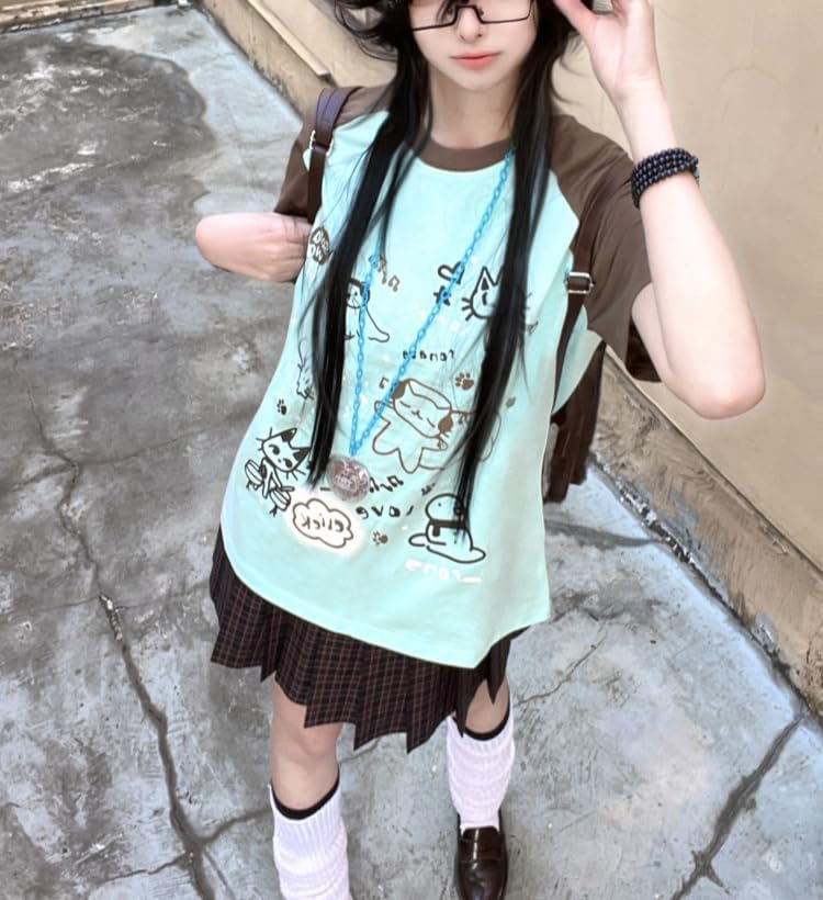 Y2K Kawaii Cute Cat Print T-Shirts for Women Patchwork Harajuku Oversize Top Round Neck Cutecore Tee Tops - Image 6