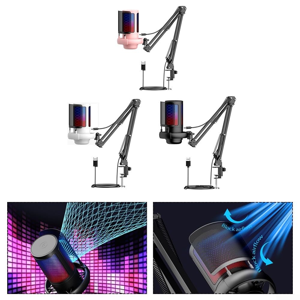 Microphone USB avec technologie de suppression du bruit et motif directionnel cardioïde offrant un gain réglable et RVB pour les jeux et l'enregistrement vocal (rose)