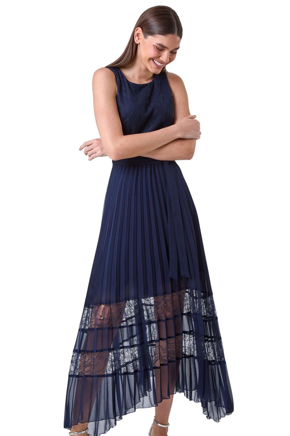 Roman Originals Women's Navy Pleated Lace Detail Midi Dress For Uk - Everyday Holiday Spring Summer Round Neckline Comfy Soft Evening Vacation Work Party - Size 16
