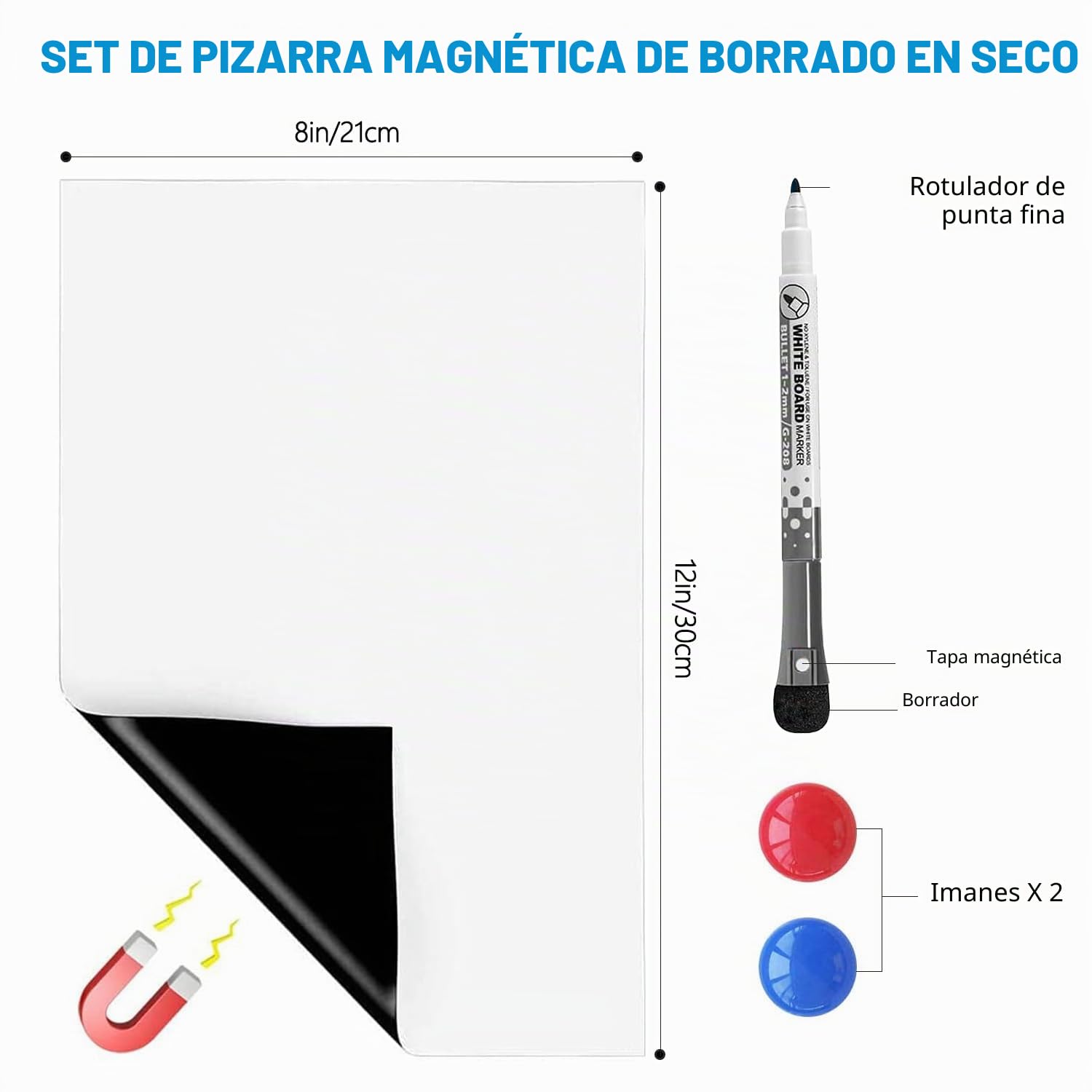 Pizarra blanca magnética de borrado en seco para nevera, tablero de recordatorios de tamaño A4, tablero planificador o pizarra blanca, 2 imanes + 1 bolígrafo de pizarra blanca