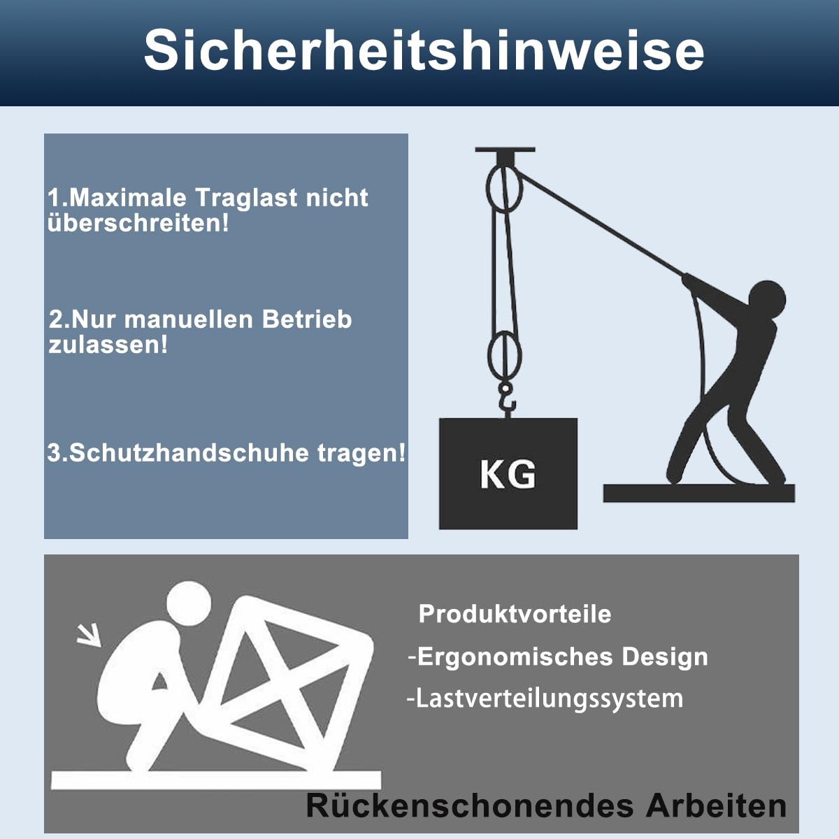Schwerlast Flaschenzug 4-Fach mit Seilbremse, 1000 kg max., 20 m PP-Seil, Handseilzug 8:1 bis 2,5 m Hubhöhe