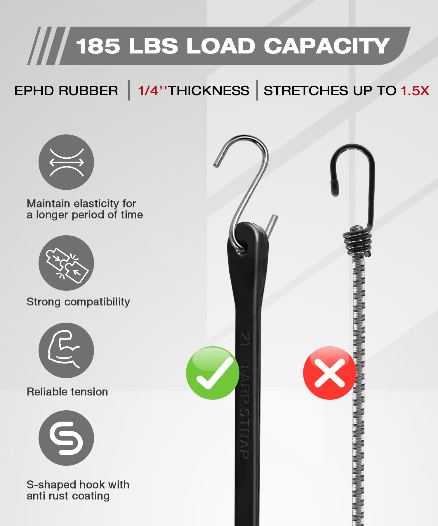 Lot de 10 tendeurs robustes de 53,3 cm avec crochets en S en métal, sangles de bâche d'extérieur EPDM pour sécuriser les cargaisons, bâches, toiles par tous les temps - Extensible max 1,5 x