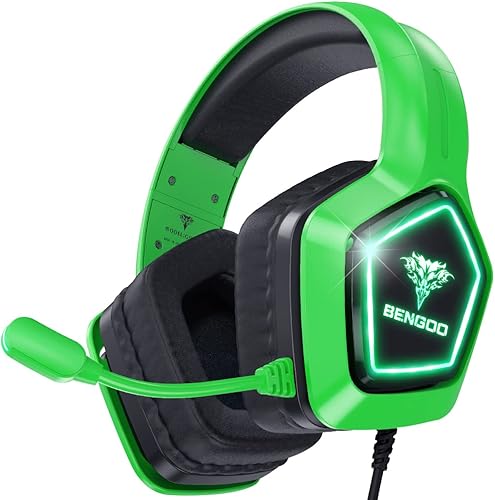 BENGOO G9700 Auriculares para juegos para PS4 PS5 Xbox One PC Controller, cancelación de ruido sobre la oreja Auriculares con micrófono, luz LED
