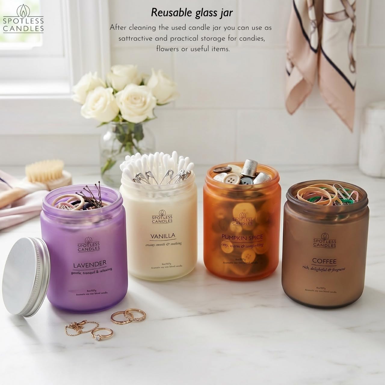 Spotless Leopard Juego de velas para mujer, regalos para mujer, paquete de 4 velas perfumadas de 227 g, juego mixto de aromas clásicos en tarros de vidrio de colores de 7,6 x 10,16 cm, pino, café,