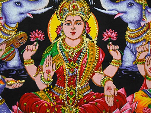 Auspicious Lakshmi Ganesha Saraswati/ Diwali Pujan Sequin Batik Cotton Wall Tapestry 40" X 30" #TOP3