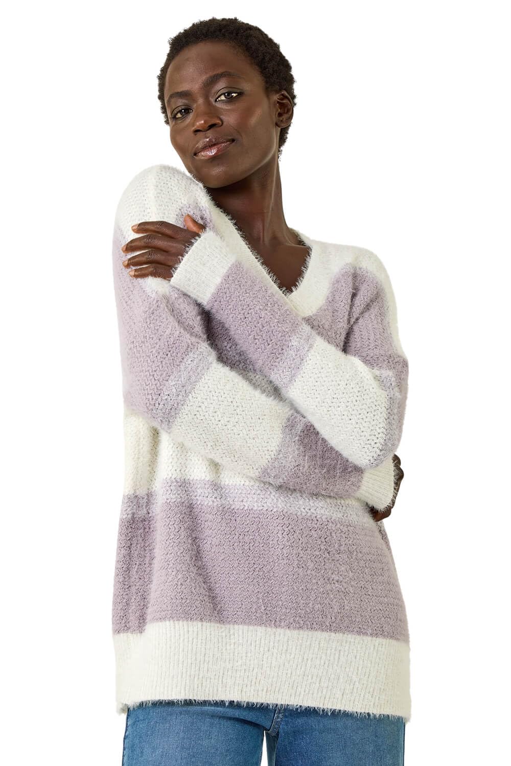 Roman Women's Lilac V-Neck Stripe Knit Jumper Size 12