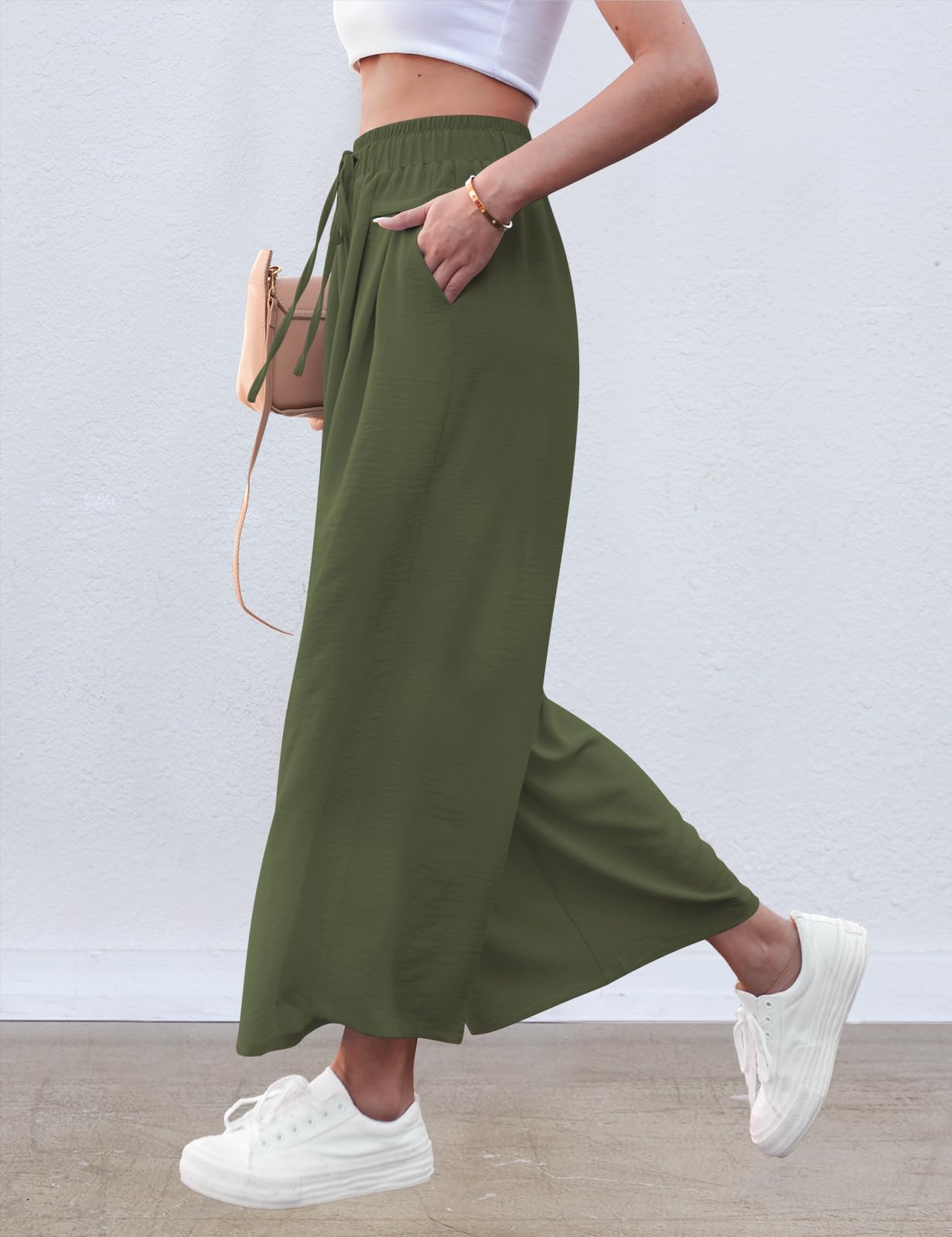 ZJCT Pantalones palazzo de pierna ancha para mujer, pantalones de playa de verano, holgados, casuales, pantalones de pijama para yoga, con bolsillos, Verde militar, Medium