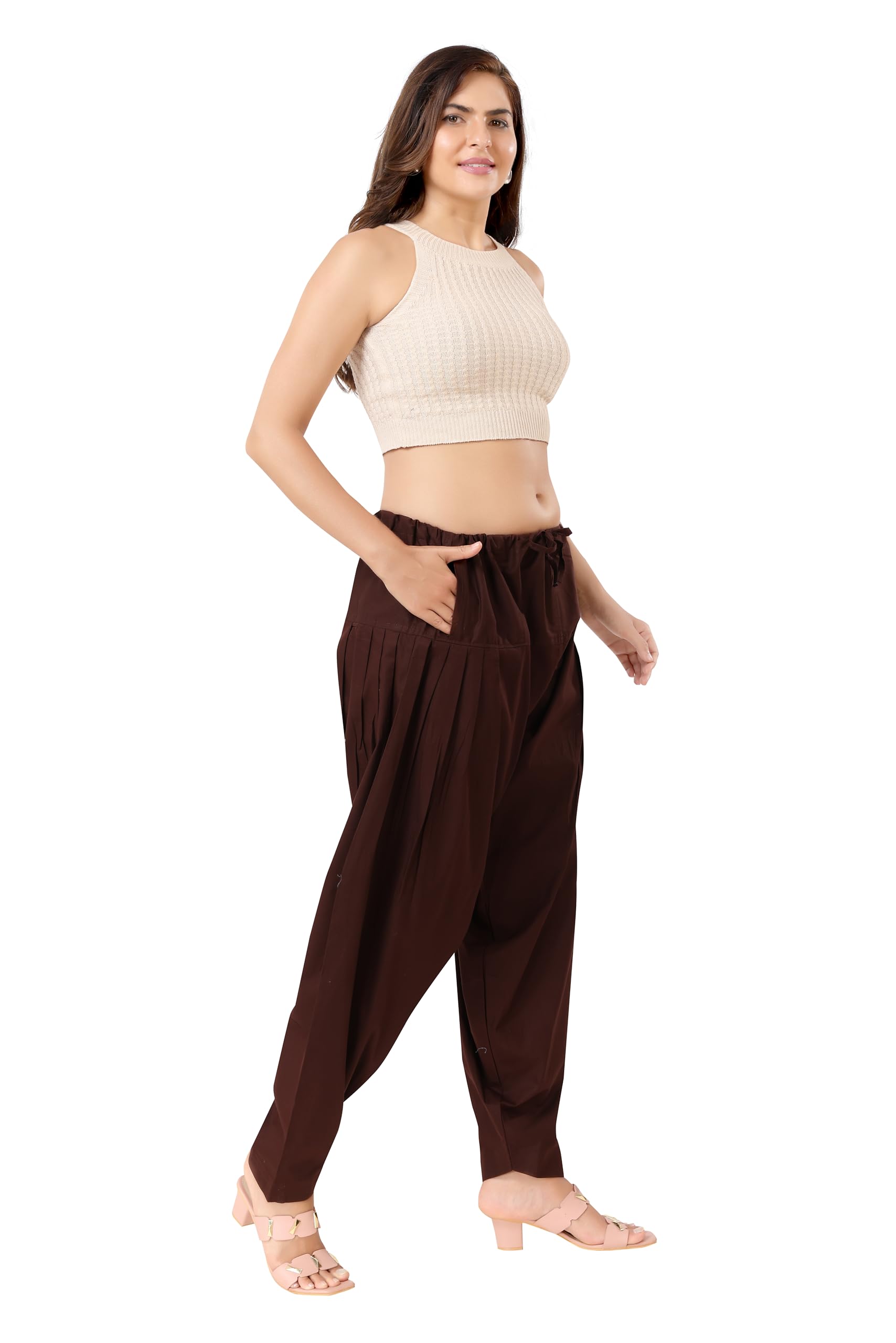TRASA Semi Patiala Salwar Cotton One Side Pocket Traditional Indian Bottomwear Pant - Free Size Fit up to XXL - Brown - Image 7 thumbnail
