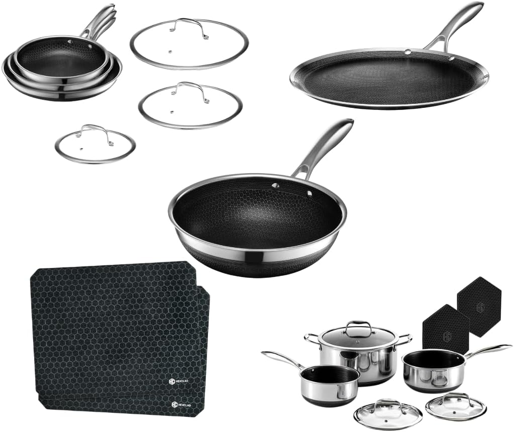 HexClad Hybrid Nonstick 18-Piece Cookware Set, 6-Piece Pan Set, 6-Piece Pot Set with 2 Trivets, 12" Griddle Pan, 10" Wok, and 2-Piece Dish Drying Mat Set