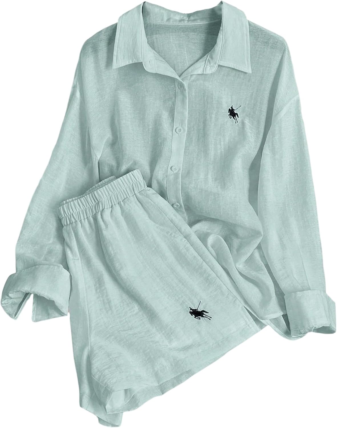 SweatyRocks Women's 2 Piece Outfits Button Down Shirts Lounge Linen Sets and Mini Shorts Pajama Gauze Set Beachwear