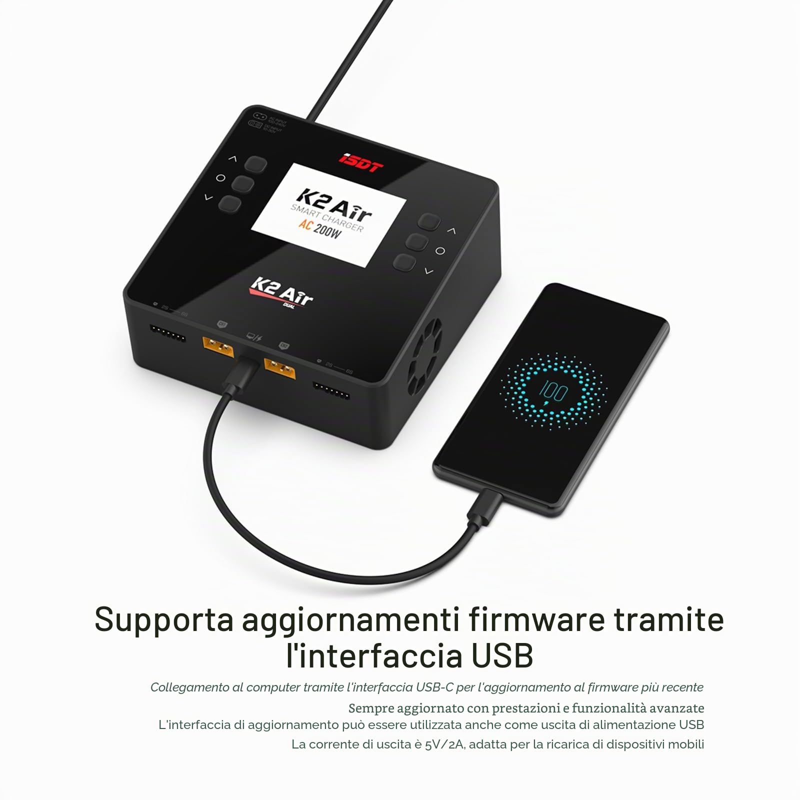 ISDT K2 Air Bluetooth Lipo Caricatore AC 200 W DC 500 W x 2 20 A Smart Balance Scaricatore/caricatore rapido a due canali per batterie Life/Lilon/LiPo/LiHv 1-6S, Pb 1-12S, NiMH/Cd 1-16S