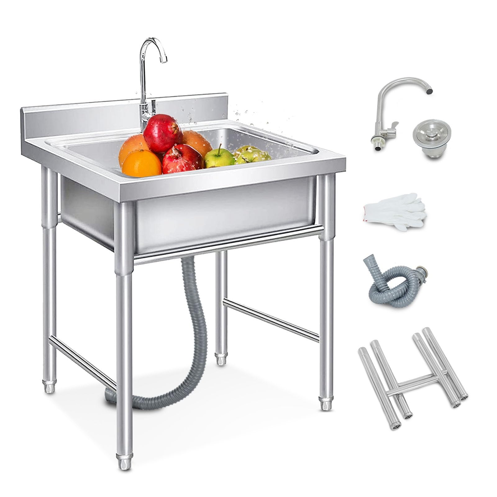 HYSOPSPX Outdoor Sink Free Standing Commercial for Laundry Room with Backsplash, Industrial Garage Restaurant, Workshop