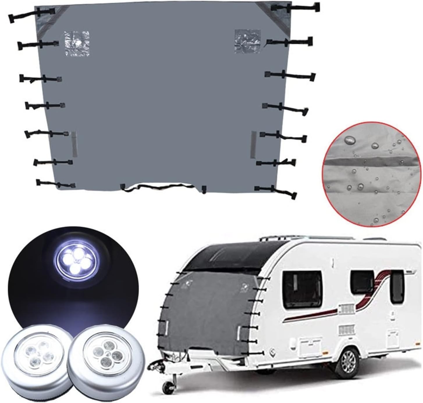 RV Caravan Front Towing Cover Protector 2LED Dusoof Cover Reflective Strip Light Windshield Cover Waterproof Oxford Cloth (Color : Gray Size : 1) (Black 1)