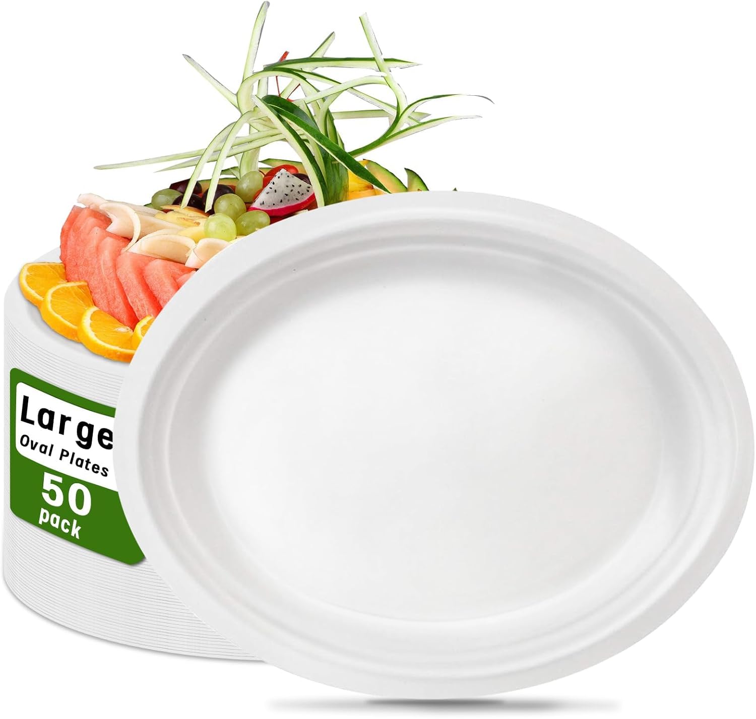 50 PCS White Plates | Compostable Oval Paper Plates 12 Inch | Heavy Duty Disposable Plates Large Platters for BBQ, Picnic, Parties, Home,Easter,St Patricks