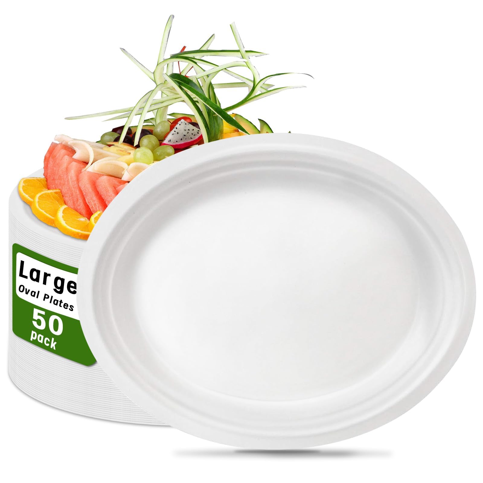 50 PCS White Plates | Compostable Oval Paper Plates 12 Inch | Heavy Duty Disposable Plates Large Platters for BBQ, Picnic, Parties, Home,Easter,St Patricks